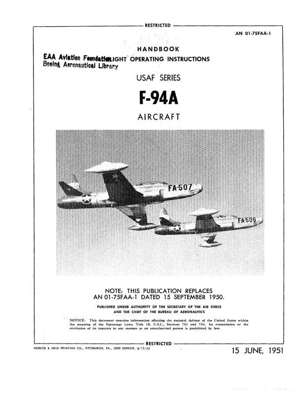 Lockheed F-94A 1951 Flight Handbook (01-75Faa-1) 1