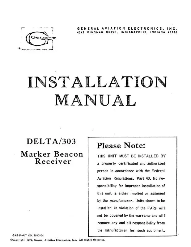 Genave Delta 303 Marker Beacon Receive Installation Manual (1090904) 1