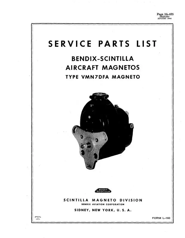 Bendix Vmn7dfa Magnetos 1944 Service Parts List (L-160) 1