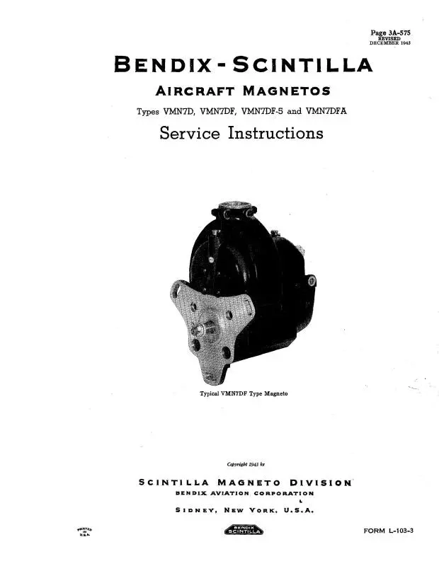Bendix Vmn7d, 7Df, 7Df-5, 7Dfa 1943 Maintenance Instructions (L-103-3) 1