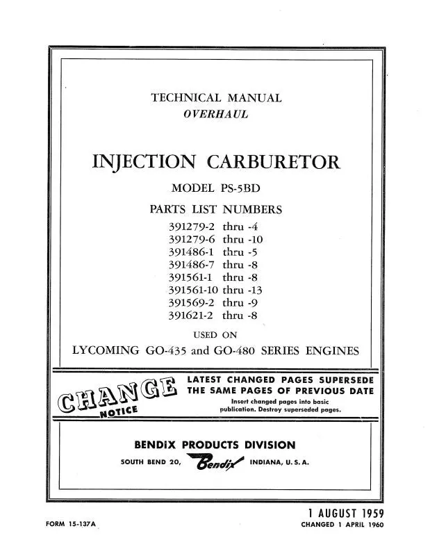 Bendix Ps-5Bd Injection Carburetor Overhaul Manual (15-137A) 1