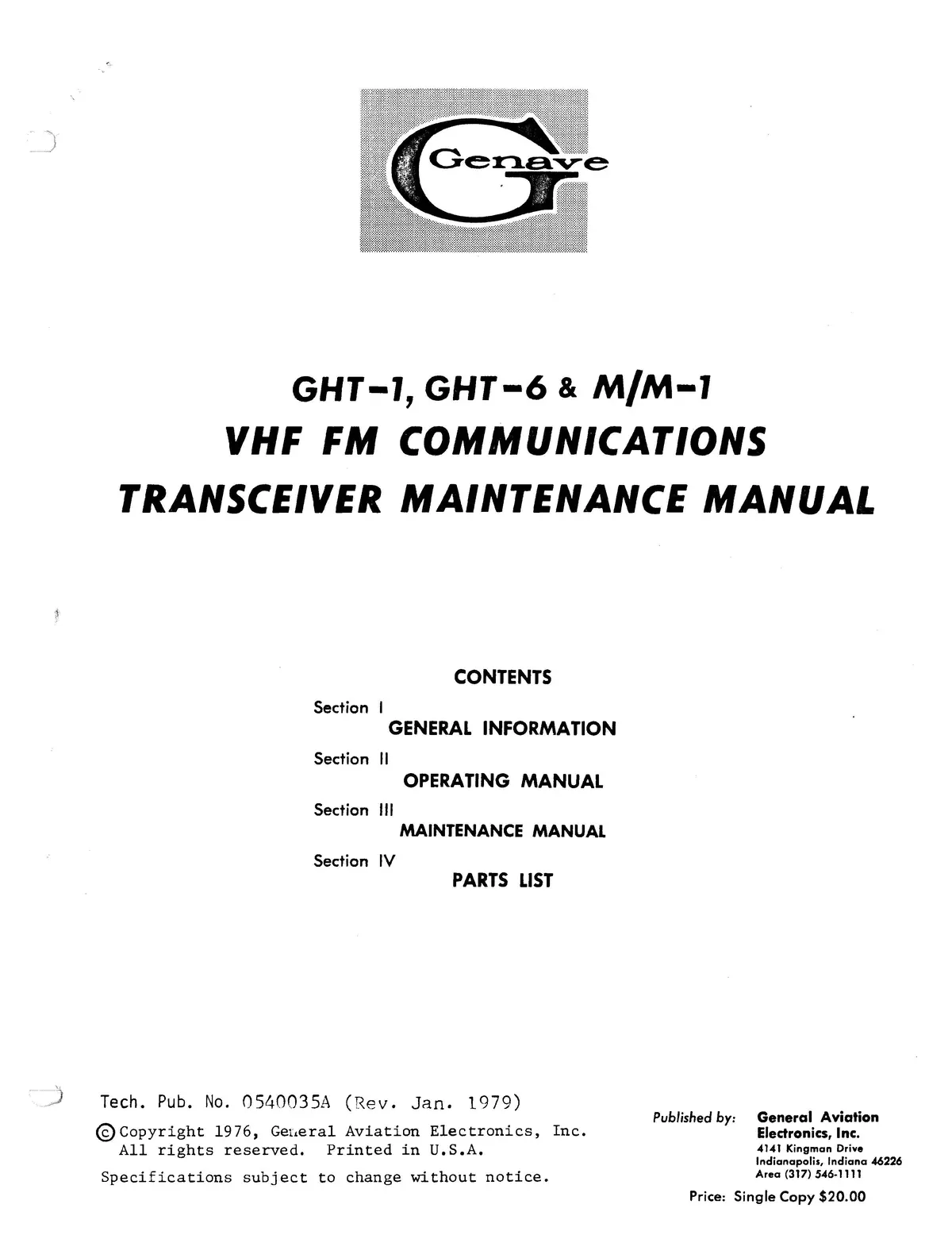 Genave Ght-1, Ght-6 & M-M-1 Vhf Fm Communications Transceiver Maintenance Manual 1