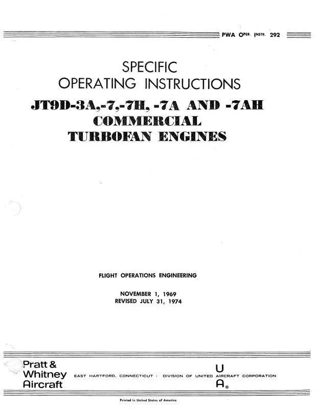 Pratt & Whitney Aircraft Jt9d-3A, -7, -7H, -7A, -7Ah Specific Operating Instructions (Pwa-292) 1
