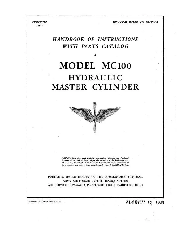 Firestone Hydraulic Master Cylinder 1943 Handbook Of Instructions With Parts Catalog (03-25H-1) 1