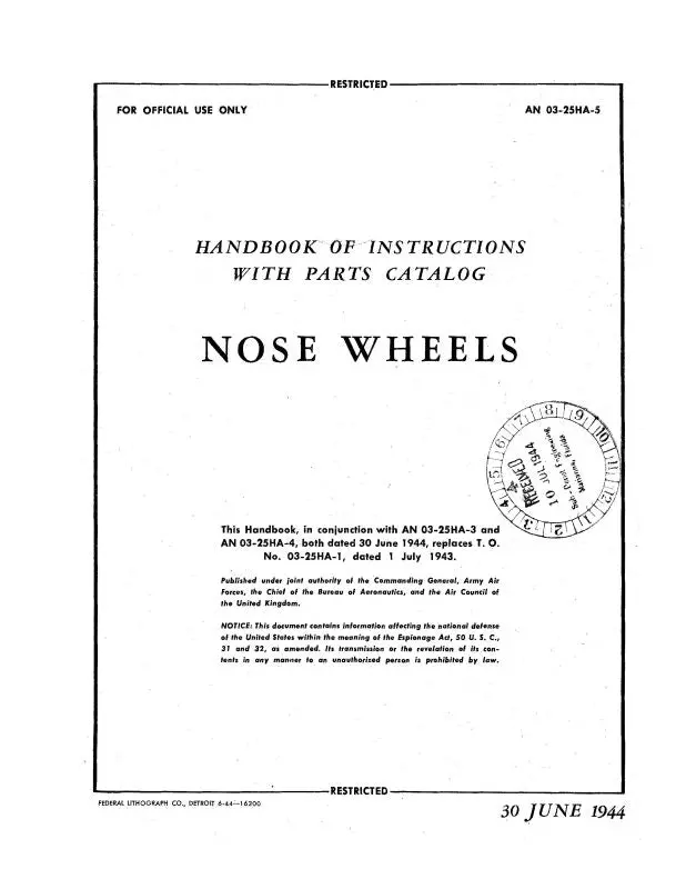 Firestone Nose Wheels 1944 Handbook Of Instructions With Parts Catalog (03-25Ha-5) 1