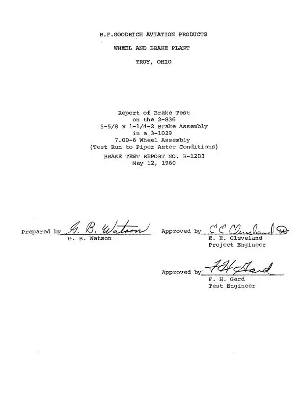 B.F. Goodrich Brake Test On The 2-836 1960 Brake Test Report (#-B-1283) 1