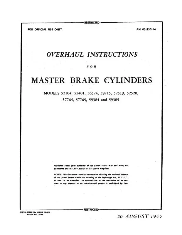 Bendix Master Brake Cylinders 1945 Overhaul Instructions (03-25C-14) 1