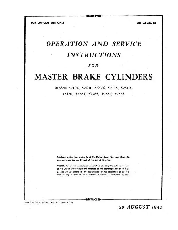 Bendix Master Brake Cylinders 1945 Operation & Service Instructions (03-25C-12) 1