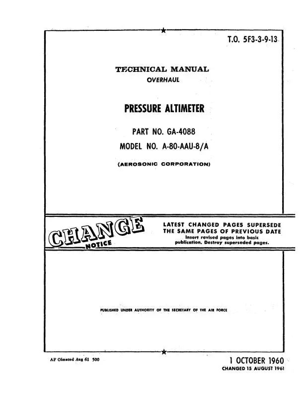 Aerosonic Corporation A-80-Aau-8-A Pressure Altimeter Overhaul Manual (5F5-3-9-13) 1