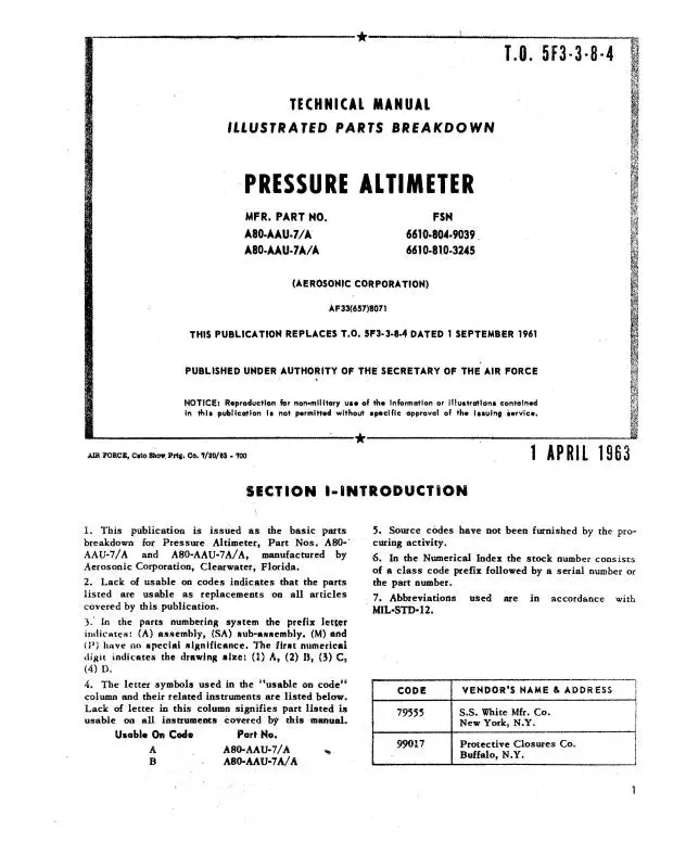 Aerosonic Corporation A-80-Aau-7-A Pressure Altimeter Parts Catalog (5F3-3-8-4) 1