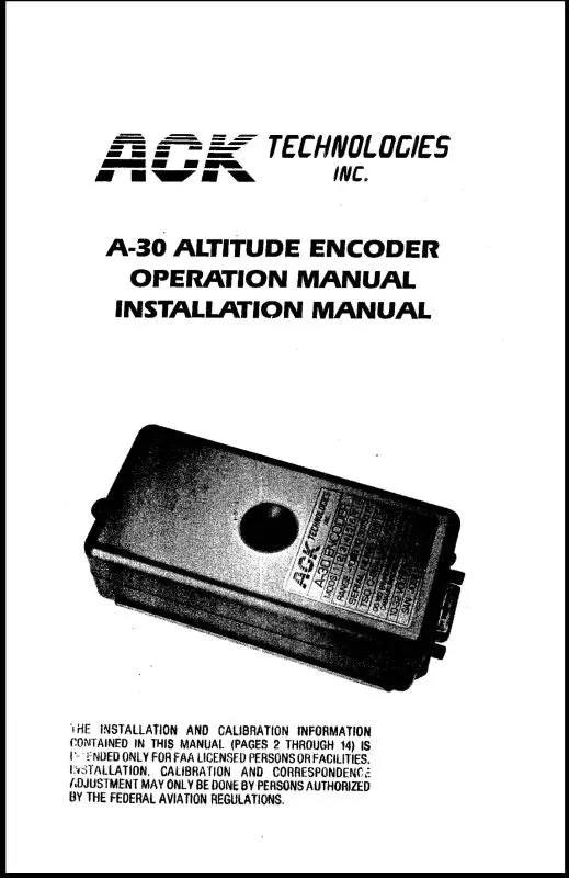 Ack Technologies A30 Altitude Encoder Operation Installation Manual (Aka30-Op-C) 1