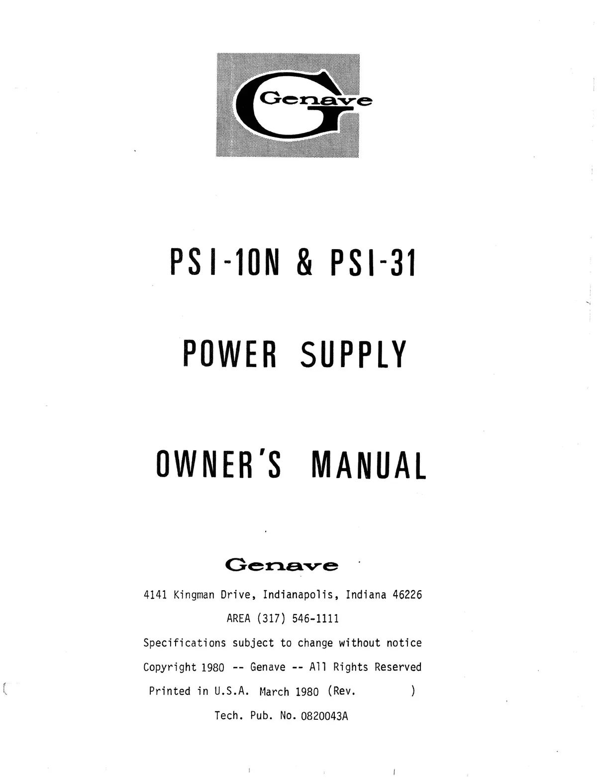 Genave Psi-10N & Psi-31 Power Supply Owner's Manual 1980 1