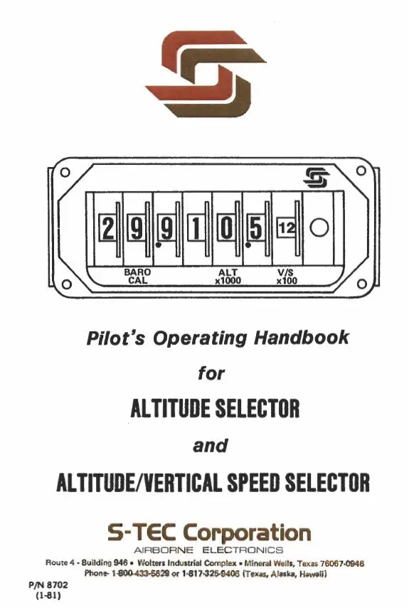 S-Tec Corporation Altitude & Altitude-Vertical Pilot's Operating Handbook (8702) 1