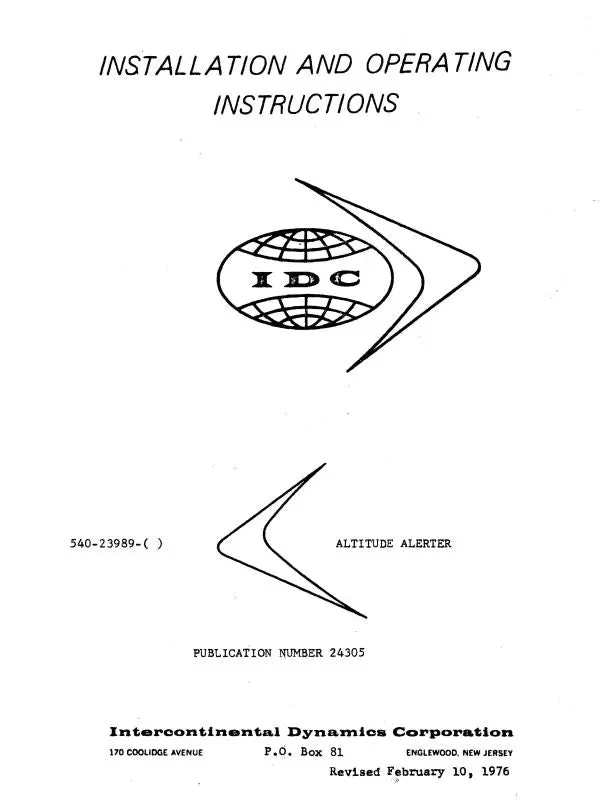 Intercontinental Dynamics Corp Altitude Alerter 1976 Installation & Operating Instructions (24305) 1