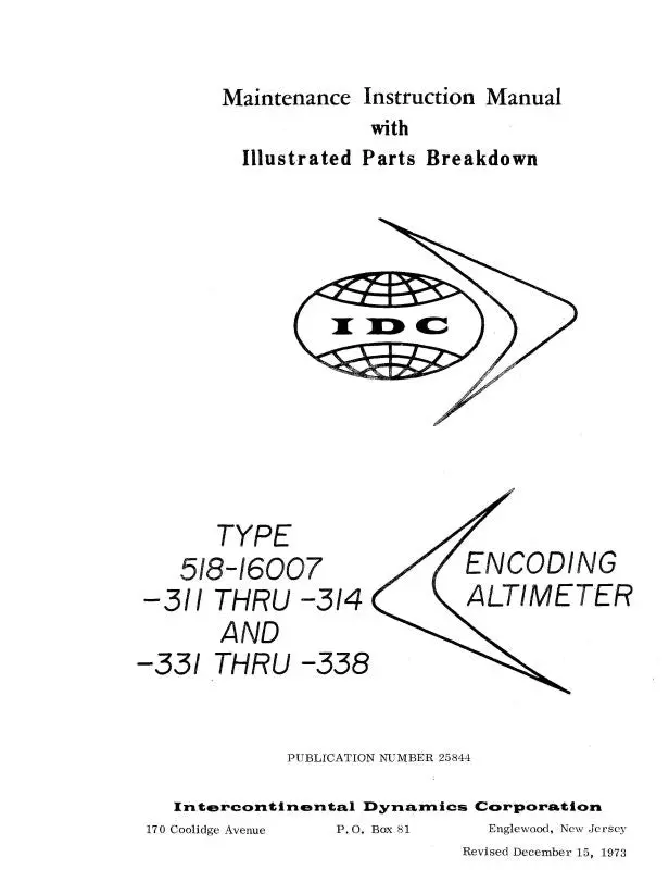 Intercontinental Dynamics Corp Encoding Altimeters 1973 Maintenance Manual With Illustrated Parts (25844) 1