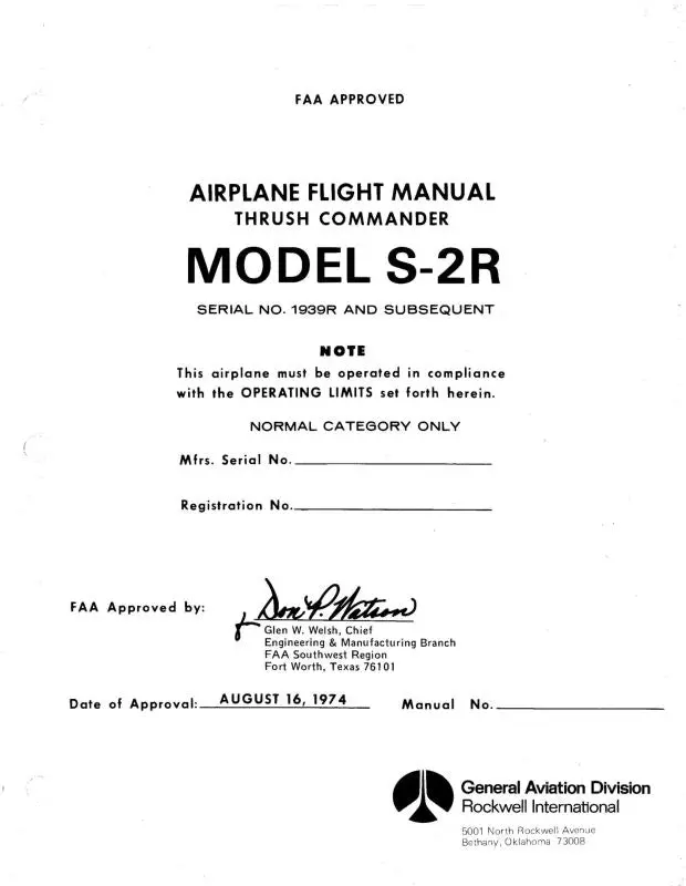 Aero Commander S-2R Thrush Commander 1974 Flight Manual (Acs2r-F-C) 1