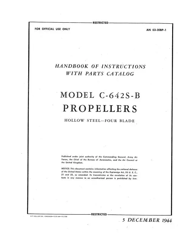 Curtiss-Wright Hollow Steel Propeller 4 Blade Handbook Of Instructions With Parts Catalog (03-20Bp-1) 1