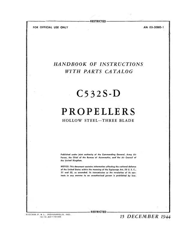 Curtiss-Wright Hollow Steel Propeller 3 Blade Handbook Of Instruction With Parts Catalog (03-20Bo-1) 1