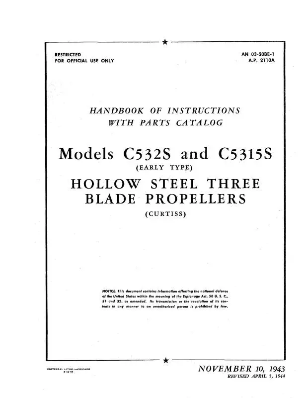 Curtiss-Wright Hollow Steel Propeller 3 Blade Handbook Of Instruction With Parts Catalog (03-20Be-1) 1
