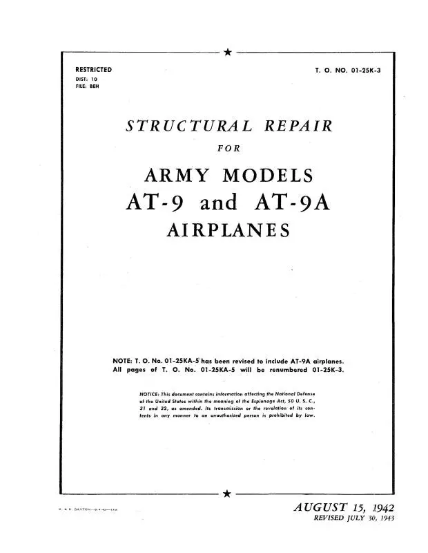 Curtiss-Wright At-9 & At-9A 1942 Structural Repair (01-25K-3) 1