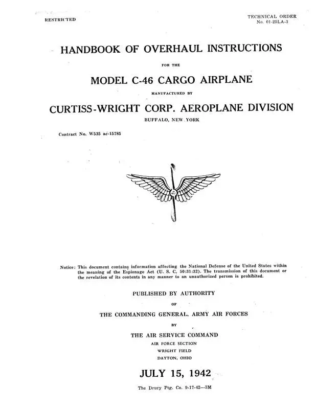 Curtiss-Wright C-46 Cargo Airplane 1942 Overhaul Instructions (01-25La-3) 1