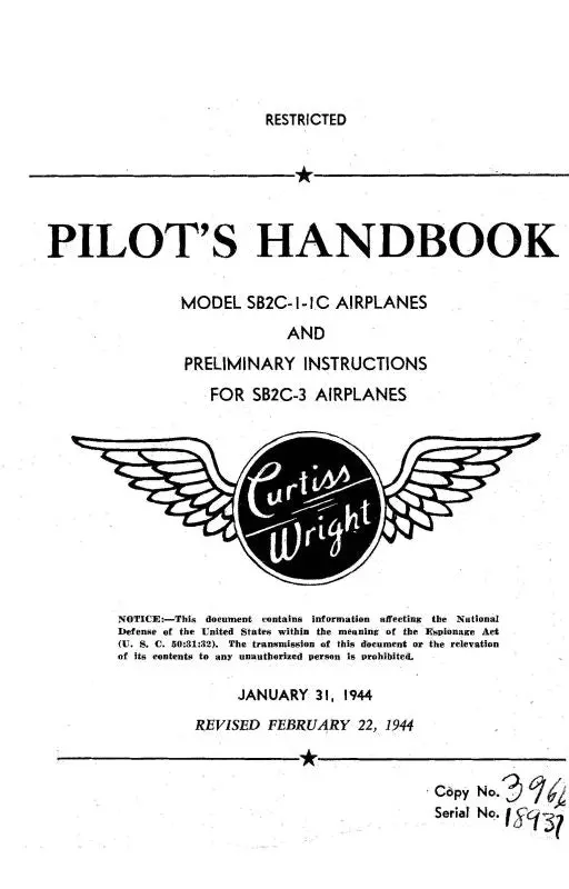 Curtiss-Wright Sb2c-1,-1C,-3 1944 Pilot's Handbook (Cwsb2c1,1C,3-44-Pohc) 1