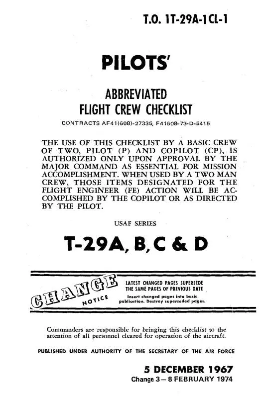 Consolidated T-29A, B, C, D 1967 Pilot's Abbreviated Flight Crew Checklist (1T-29A-1Cl-1) 1