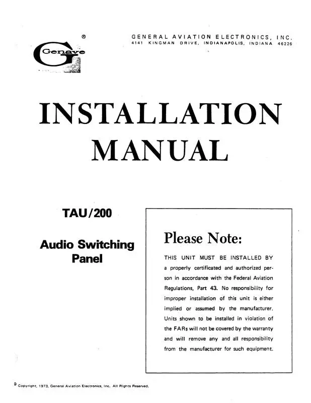 Genave Tau-200 Audio Switching Panel Installation Manual (Gntau200-In-C) 1