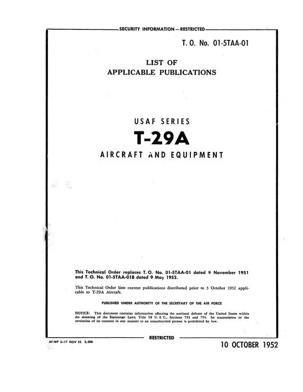 Consolidated T-29A Usaf Series 1952 List Applicable Publications (01-5Taa-01) 1