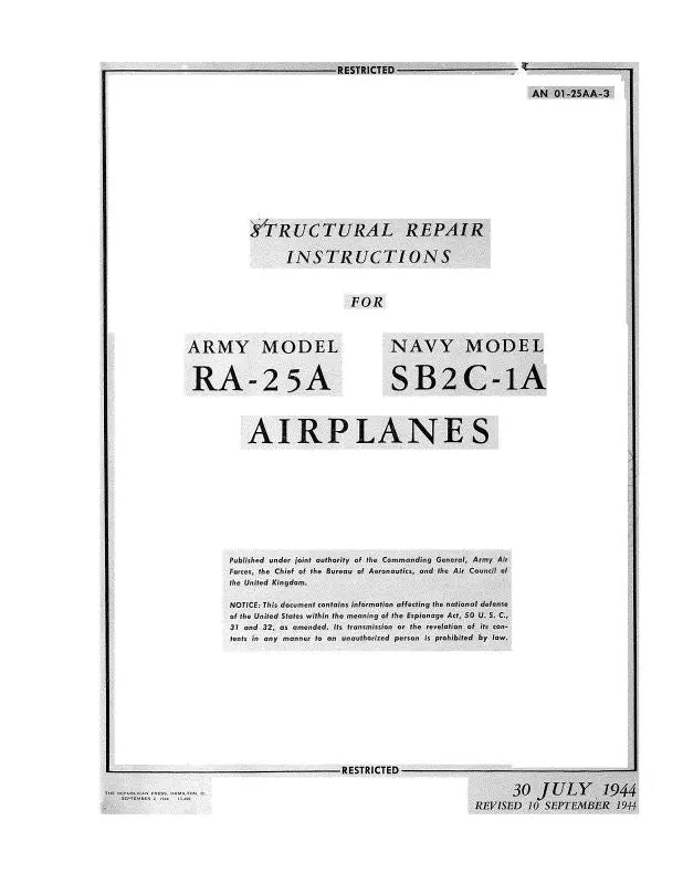 Curtiss-Wright Ra-25A Army 1944 Structural Repair Instructions (01-25Aa-3) 1