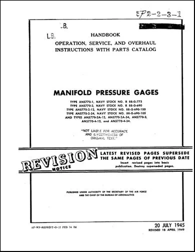 Us Government Manifold Pressure Gages 1945 Operation, Maintenance, Overhaul, Parts (5P2-2-3-1) 1