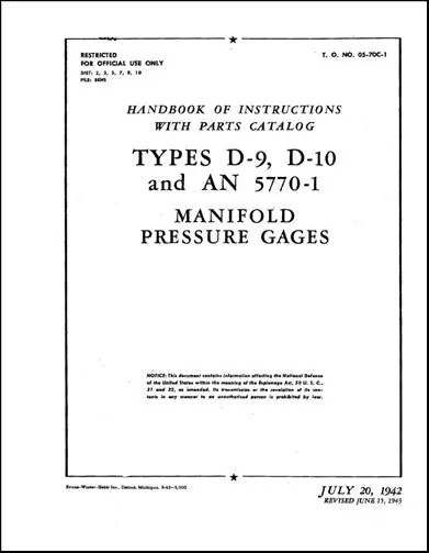 Us Government Manifold Pressure Gages 1942 Handbook Of Instructions With Parts Catalog (5P2-2-41) 1