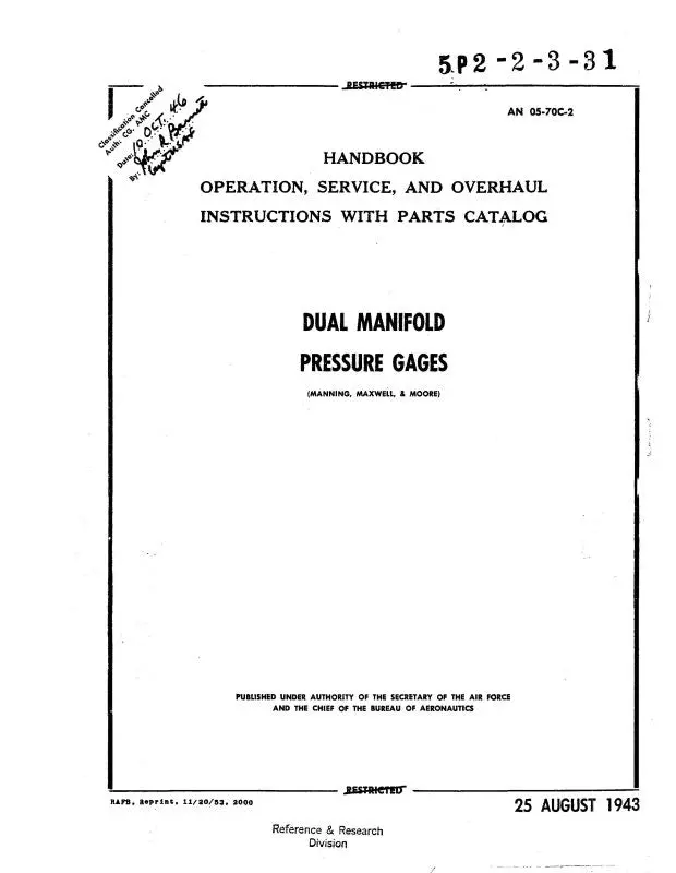 Manning, Maxwell & Moore Dual Manifold Pressure Gages Operation, Maintenance, Overhaul, Parts (05-70C-2) 1