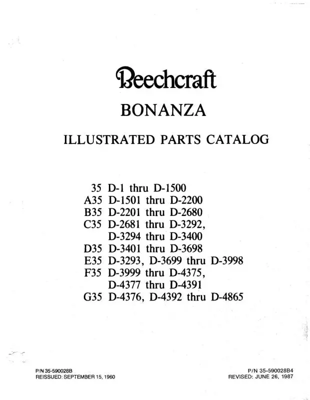 Beech 35-G35 Bonanza 1987 Parts Catalog (35-590028B4) 1