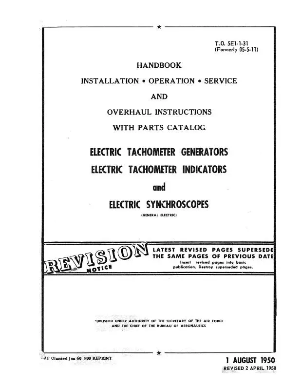 General Electric Company Electrical Tachometer 1950 Installation, Inspection, Maintenance, Overhaul (5E1-1-31) 1