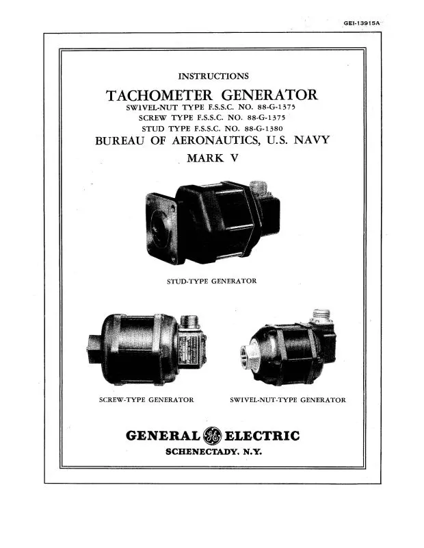 General Electric Company Tachometer Generator Instructions (Gei-13915A) 1