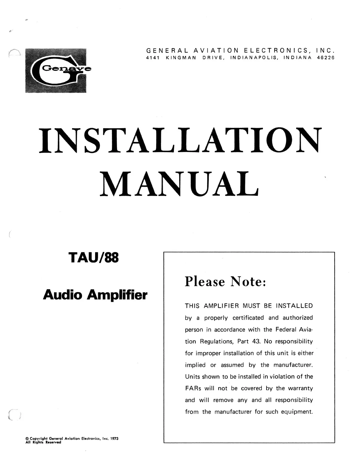 Genave Tau-88 Audio Amplifier Installation Manual 1