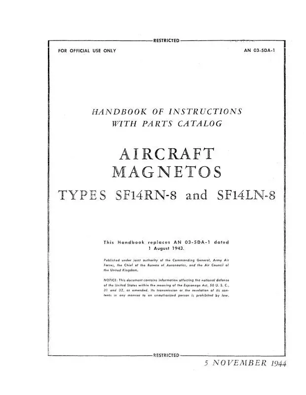 Bendix Sf14rn-8, Sf14ln-8 Magnetos Handbook Of Instructions With Parts Catalog (03-5Da-1) 1
