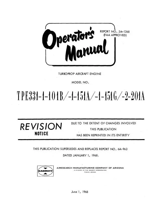 Garrett Tpe331-1--2 1968 Turbo Prop Operator's Manual (3A-1268) 1