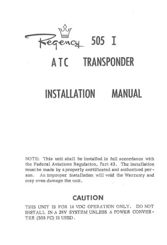Regency Avionics 505 I Atc Transponder Installation Manual (Rc505-In-C) 1