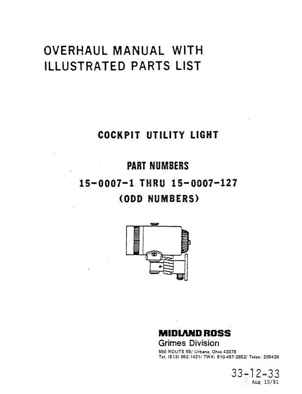 Grimes Cockpit Utility Light 1981 Overhaul Manual With Illustrated Parts List (33-12-33) 1