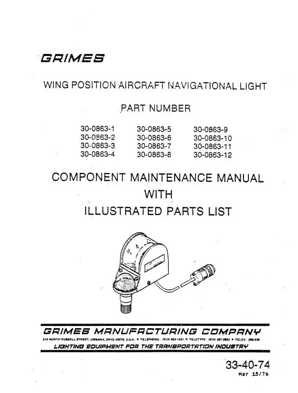 Grimes Wing Position Navigation. Light Component Maintenance With Illustrated Parts List (33-40-74) 1