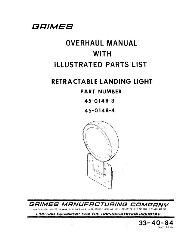 Grimes Retractable Landing Light 1976 Overhaul With Illustrated Parts (33-40-84) 1