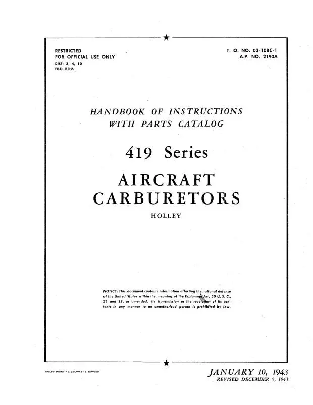 Holley Carburetor Company 419 Series Aircraft Carburetors Instructions With Parts Catalog (03-10Bc-1) 1