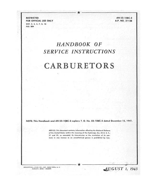 Holley Carburetor Company Models 1375-Ha, 1685-Ha 1943 Maintenance Instruction (03-10Bc-2) 1