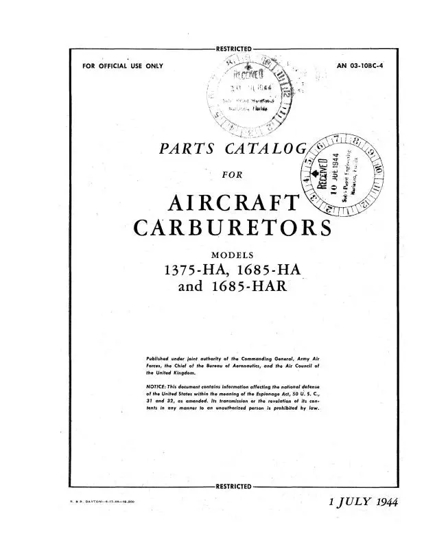 Holley Carburetor Company Models 1375-Ha, 1685-Ha, Har Parts Catalog (03-10Bc-4) 1