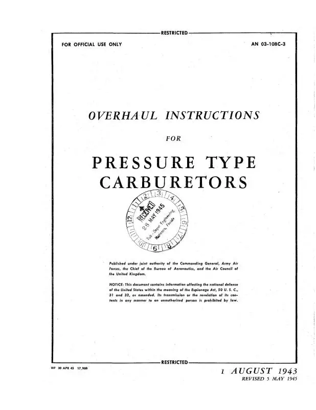 Holley Carburetor Company Models 1375-Ha, 1685-Ha 1943 Overhaul Instructions (03-10Bc-3) 1