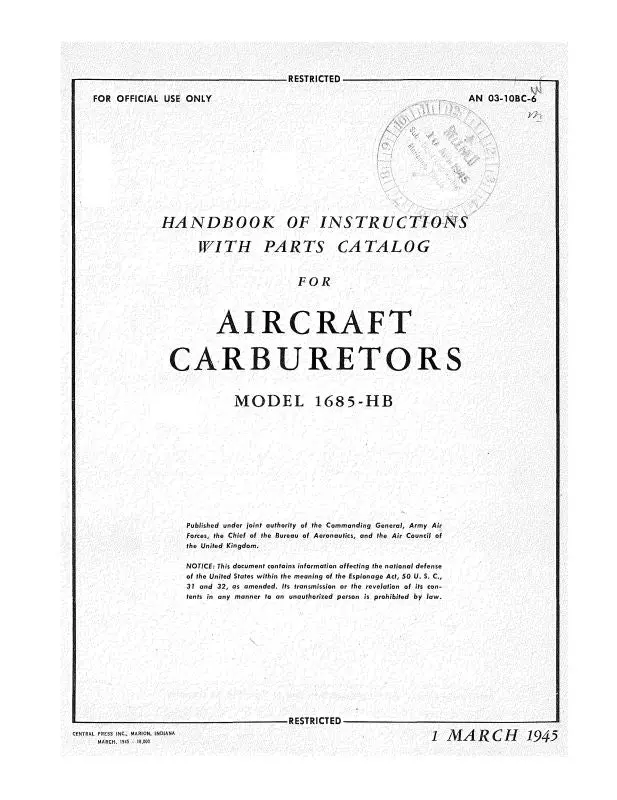 Holley Carburetor Company Models 1685-Hb 1945 Instructions With Parts Catalog (03-10Bc-6) 1