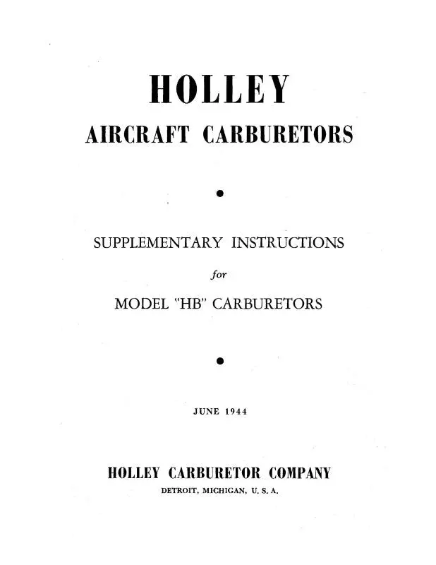 Holley Carburetor Company Model Hb Carburetors 1944 Supplementary Instructions (Hohbcarbs-44-In-C) 1