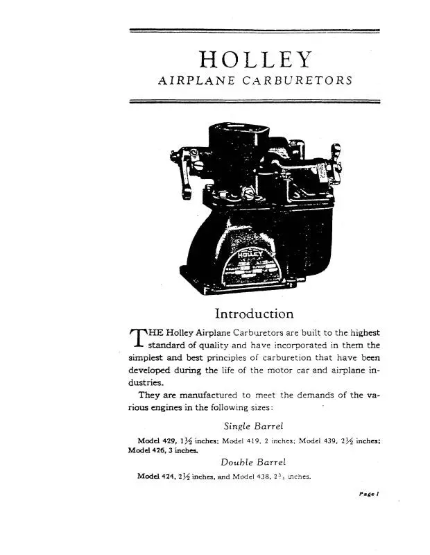 Holley Carburetor Company 429, 426, 424, 438 Carburetors Installation (Ho429,426,424,438-C) 1